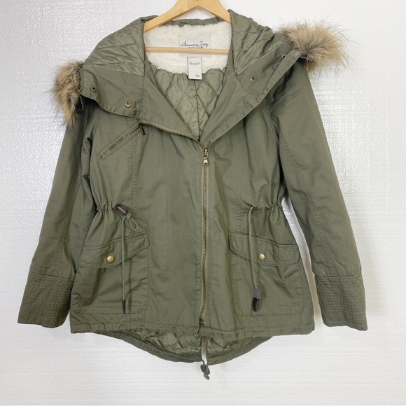American Rag Utility Jacket Coat Green Zip Up Hooded Insulated Faux Fur Hood XL - Picture 3 of 11